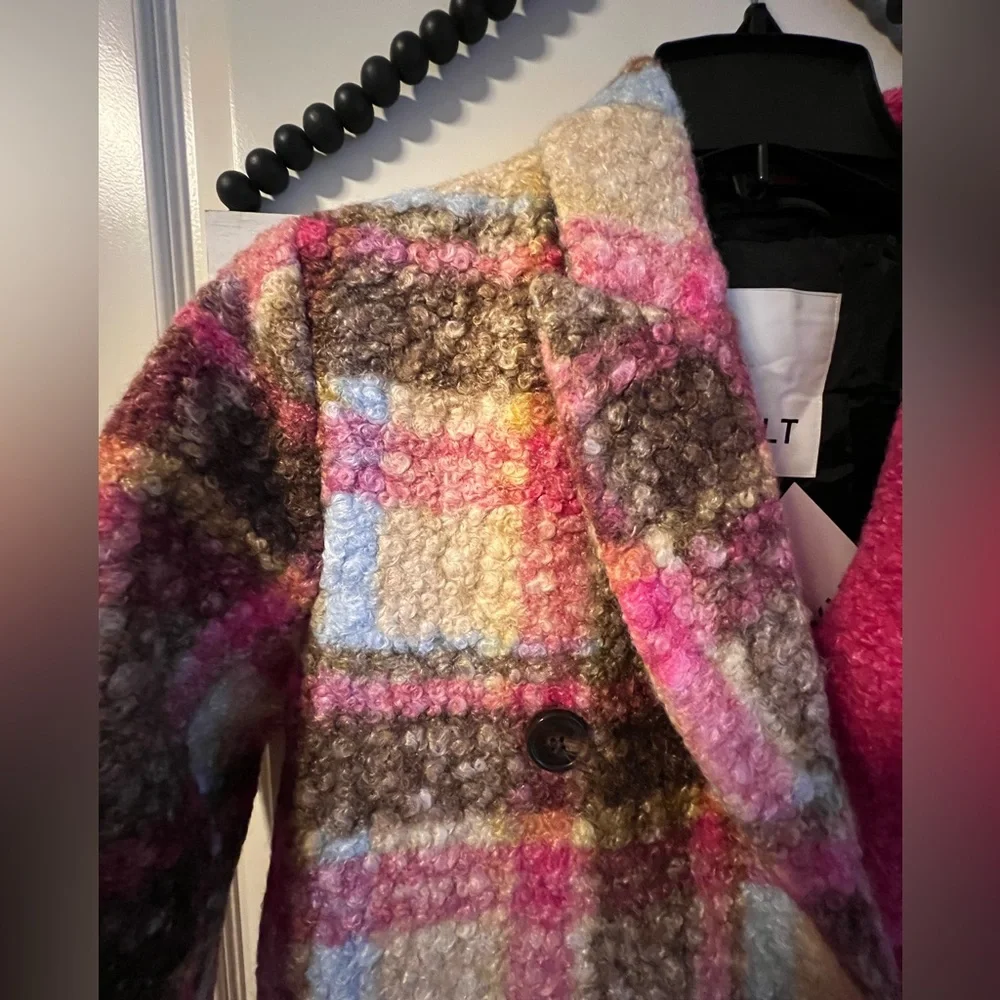 Anthropologie NVLT Plaid Houndstooth Fuchsia Pink Pea Coat Jacket XS 0 2 NWT 💖 - Picture 8 of 13